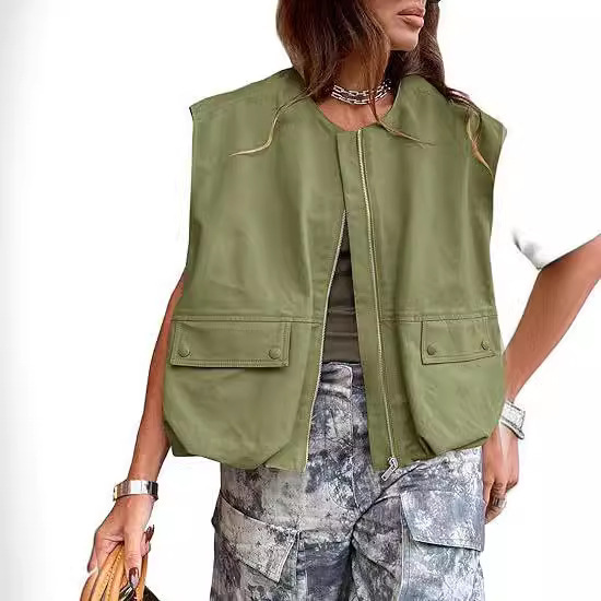 2024 Amazon Cross-border European and American New Sleeveless Pocket Loose Vest Zipper Coat for Women
