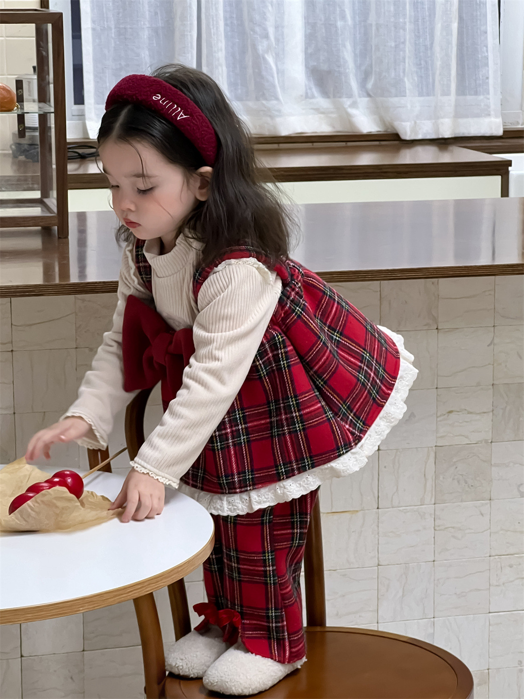 Set de Navidad infantil engrosado vestido de bebé otoño invierno ropa de niños coreana correa de niña vestido de celosía con set de terciopelo
