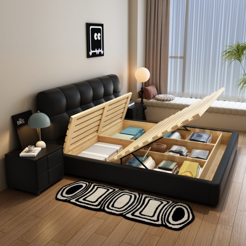 Cama de aire de crema, cama de cuero, cama principal doble, cama de matrimonio, cama de paquete suave, cama de almacenamiento neumático, cama de almacenamiento multifuncional