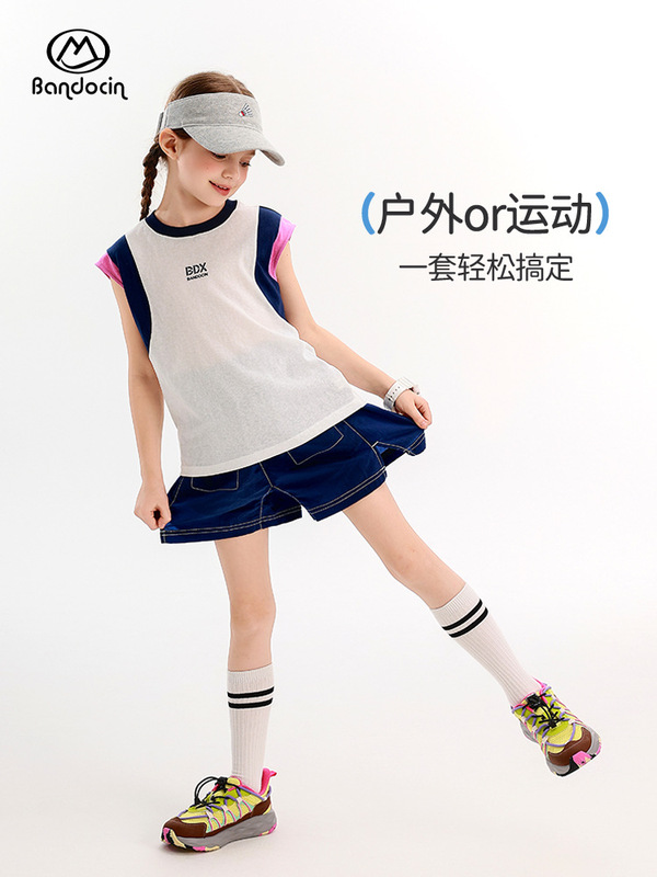 ハーフデグリーレジャーガールズサマーベストスーツ、ファッショナブルな2025新しい中型および大型子供服、夏のカジュアルショーツ、トレンディ|undefined