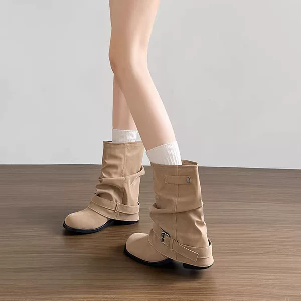 In-Stock Original Height-Increasing Western Cowboy Slouch Boots with Pleated Cuffs, Short Boots with Chunky Heels, Retro Martin Boots for Women