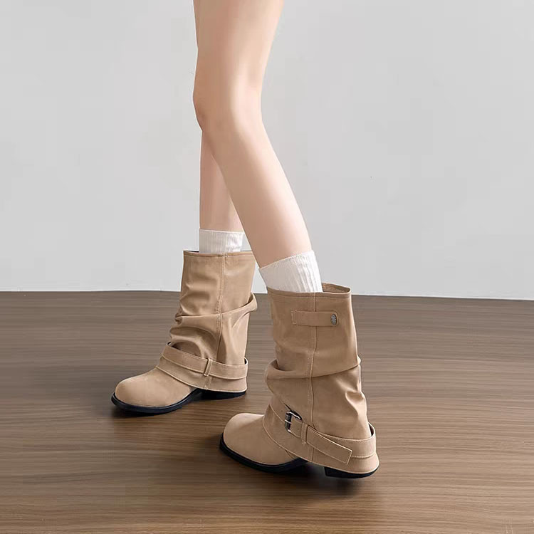 In-Stock Original Height-Increasing Western Cowboy Slouch Boots with Pleated Cuffs, Short Boots with Chunky Heels, Retro Martin Boots for Women In-Stock Original Height-Increasing Western Cowboy Slouch Boots with Pleated Cuffs, Short Boots with Chunky Heels, Retro Martin Boots for Women