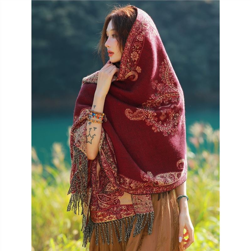 Imitation Cashmere Double-Sided Ethnic Style Shawl Women's Long Scarf Cloak Qinghai Xizang Yunnan Travel Photo Cape