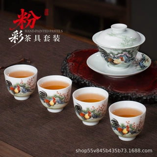 景德镇陶瓷手绘粉彩三才盖碗茶杯功夫茶具套装家用玉瓷泡茶碗礼盒