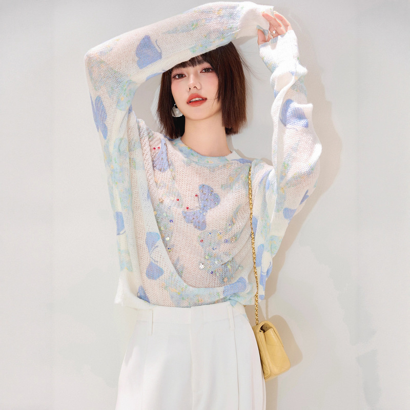 高级感薄款重工烫钻套头毛衣女秋季时尚宽松慵懒风圆领针织衫上衣|undefined