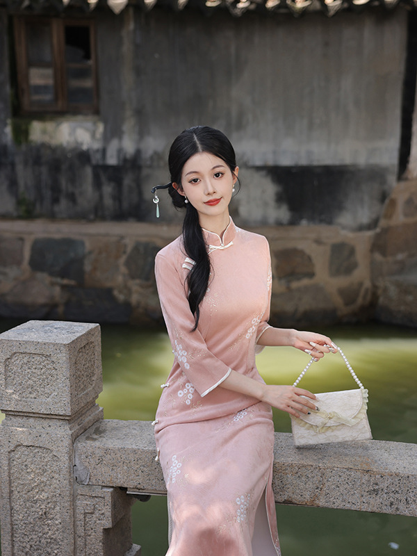 Demi-season velvet long cheongsam