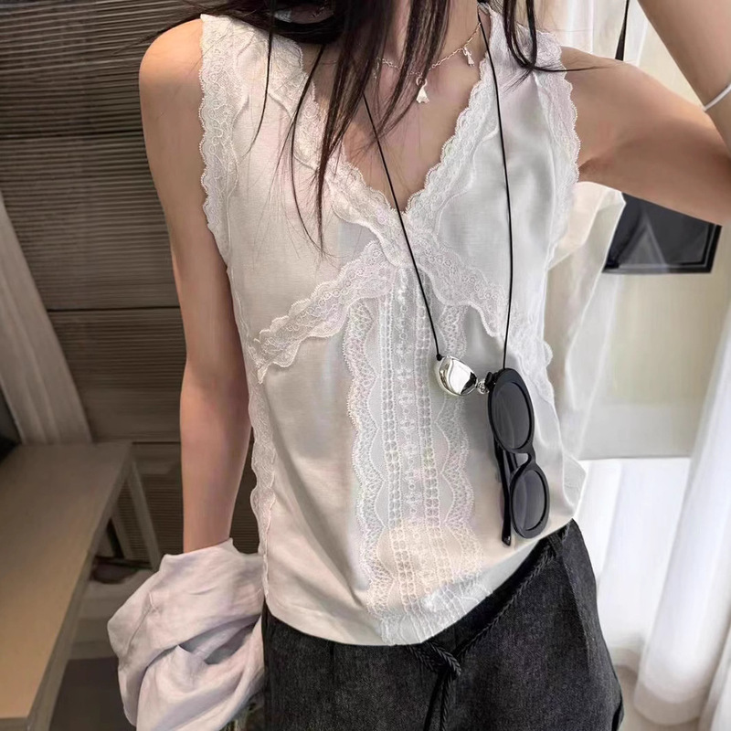 Lyocell Cotton Summer New Lace Suspender Outer Vest Women's Loose Top Sexy High Elastic Bottoming Sleeveless