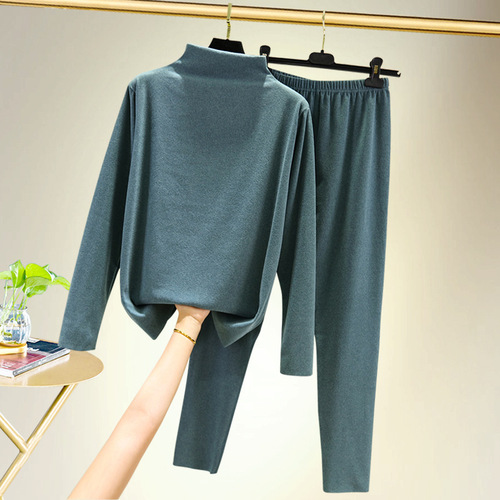 German half-high collar long-sleeved warm set autumn and winter version padded and thick base shirt and pants double-sided plush monochrome underwear