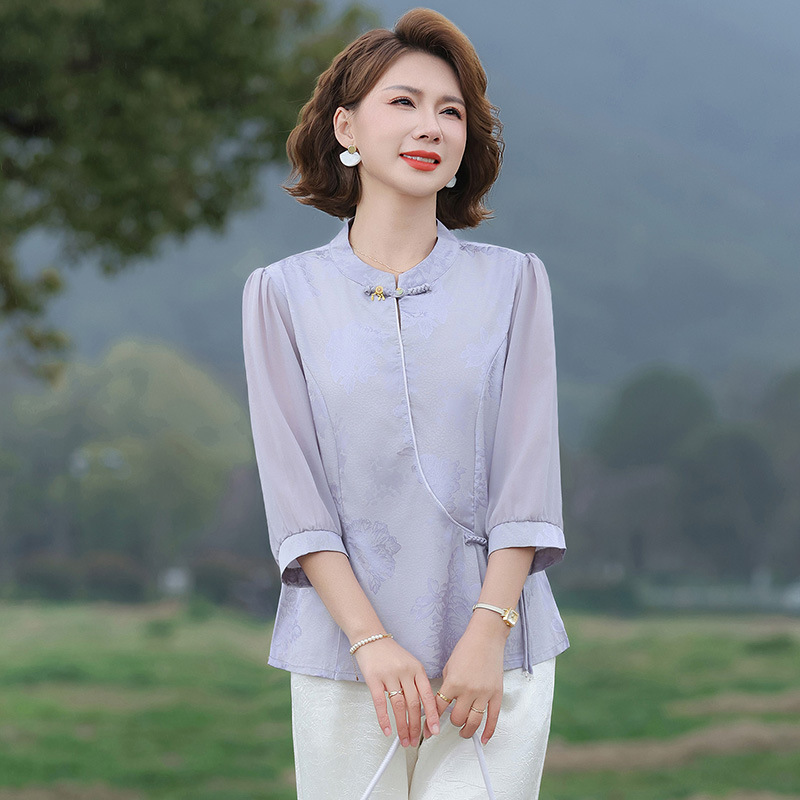 2026 New Fashion Mother's Clothing, New Chinese-Style Jacquard Three-Quarter Sleeve Top for Women, Middle-Aged and Elderly, Stylish National Style, Loose Fit