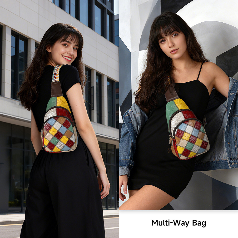 Túi đeo chéo nữ da bò thật phối ô vuông cao cấp 17x10x27 cm — Ghép ô vuông, Ghép hình bán nguyệt, 17cm*10cm*27cm