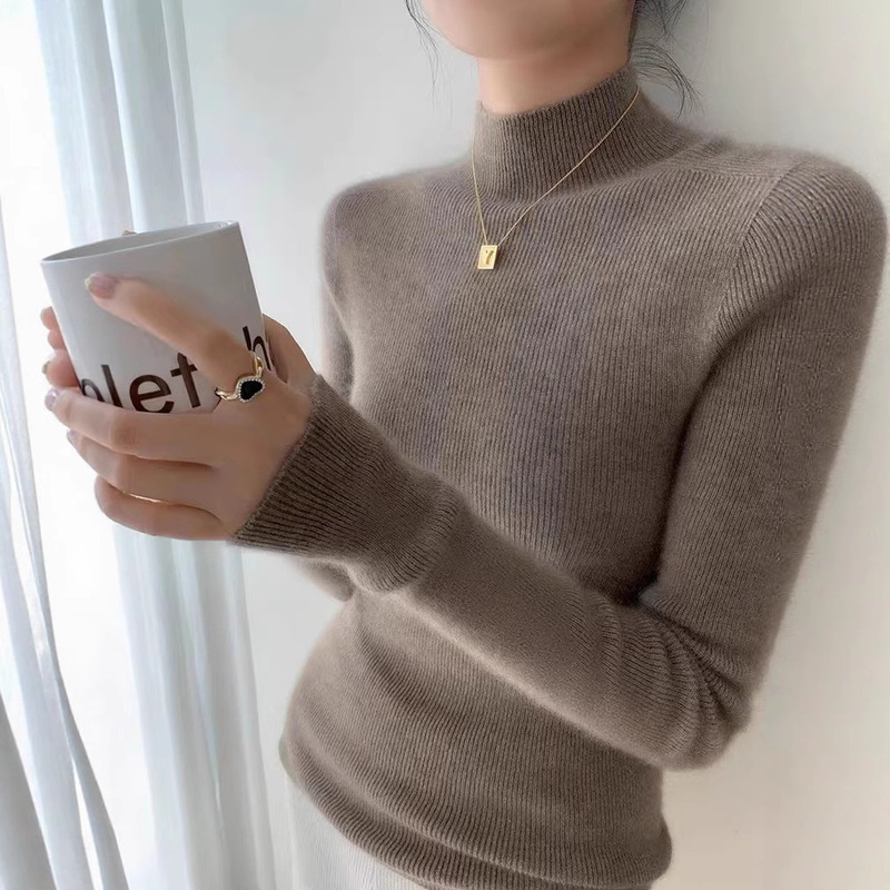 First-Line Ready-To-Wear Half-Turtleneck Cashmere Sweater for Women, 35% Cashmere, Slim Fit, Thin Knit Sweater, Base Layer Sweater