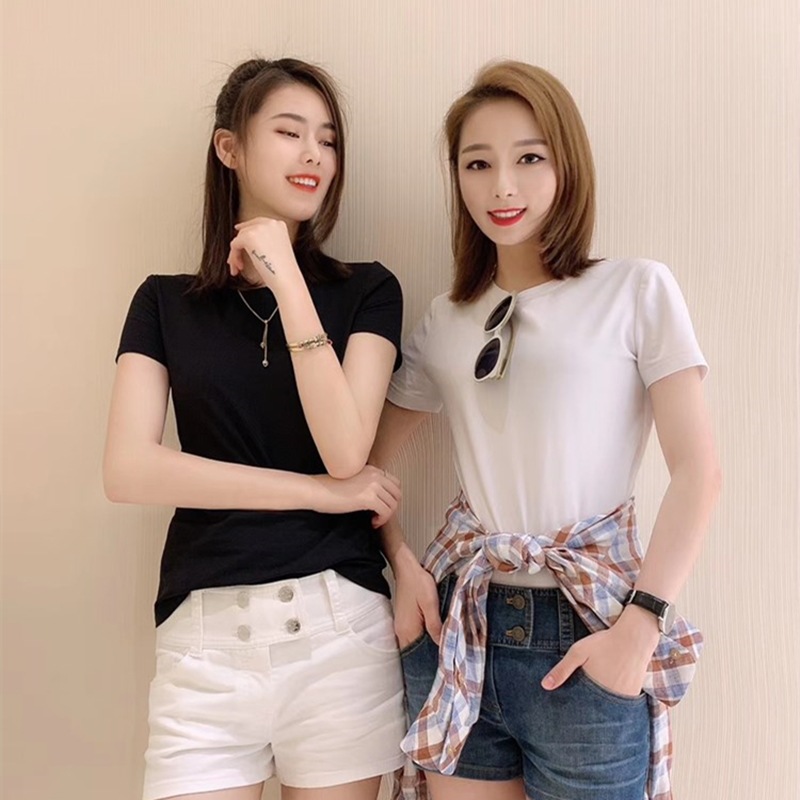 Áo thun nữ ngắn tay cổ chữ V cơ bản dễ phối tôn dáng kiểu mới mùa xuân hè — Trắng (Cổ tròn) chi tiết 1