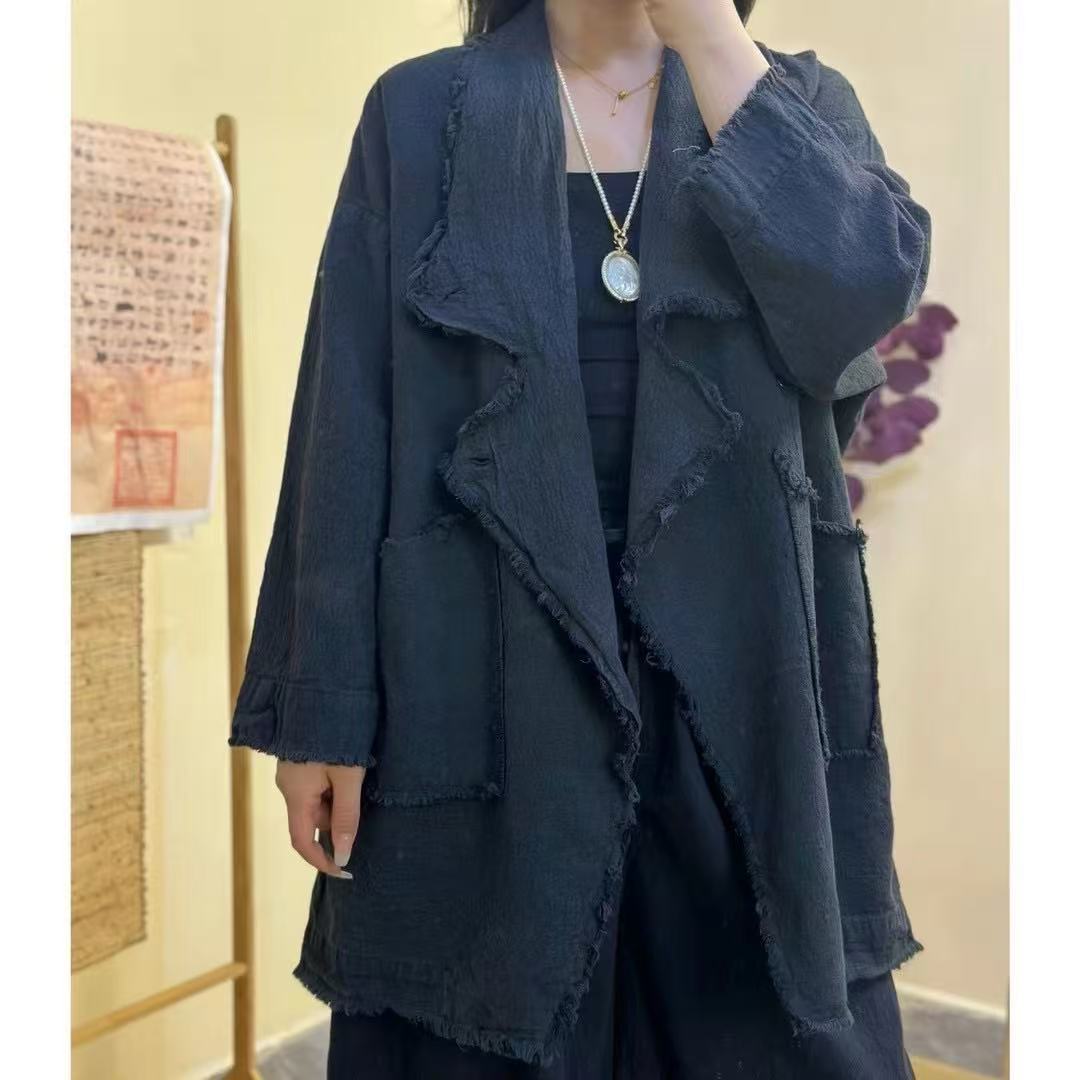 Nami's 2025 Spring New Casual Versatile Frayed Cotton Linen Irregular Buttoned Blazer For Women_ecoleips.com