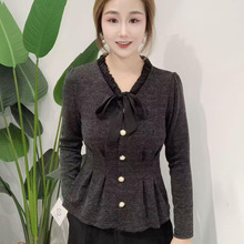 法式气质V领针织衫女秋冬新款系带蝴蝶结打底衫百搭洋气甜美上衣