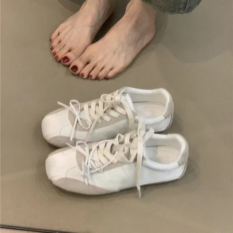 Versión de piel de vaca ~ Ballet bowknot retro todo-fósforo color de contraste alemán zapatos de entrenamiento mujer suela suave estilo deportivo cómodo zapatos casuales