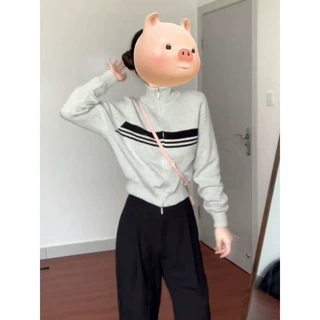 复古慵懒风毛衣外套女装春秋季薄款针织开衫长袖条纹修身撞色上衣
