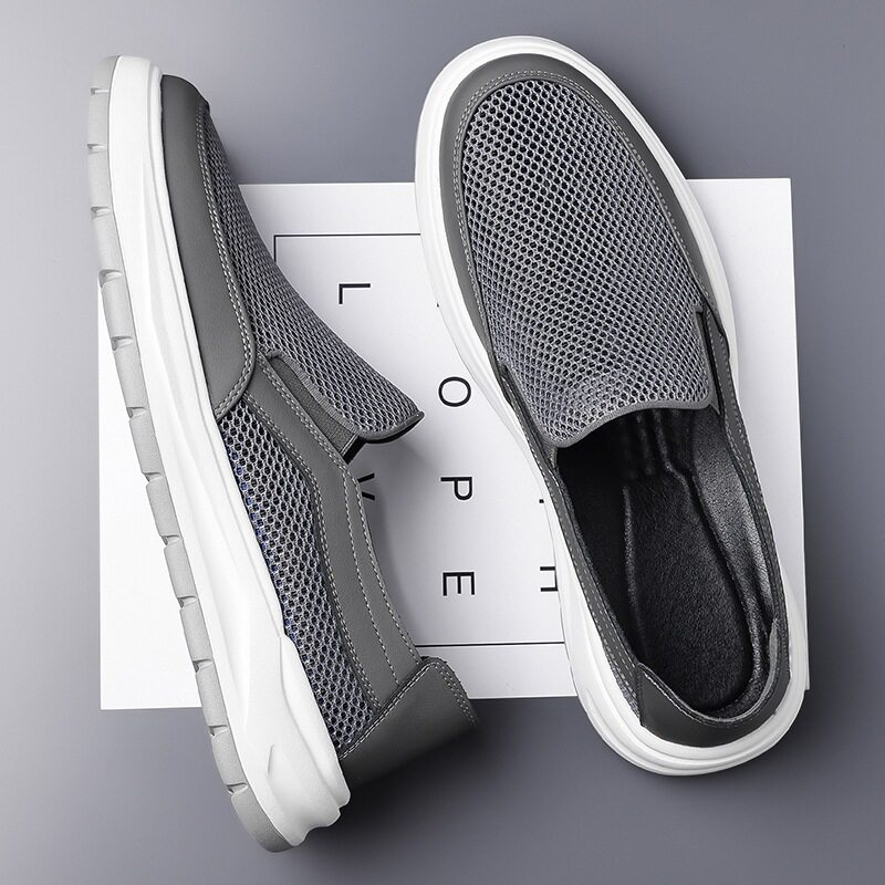 Giày lười nam lưới thoáng khí kiểu mới, đế bằng, phong cách thường ngày — Màu kaki【HT77663】, Màu xám【HT77663】