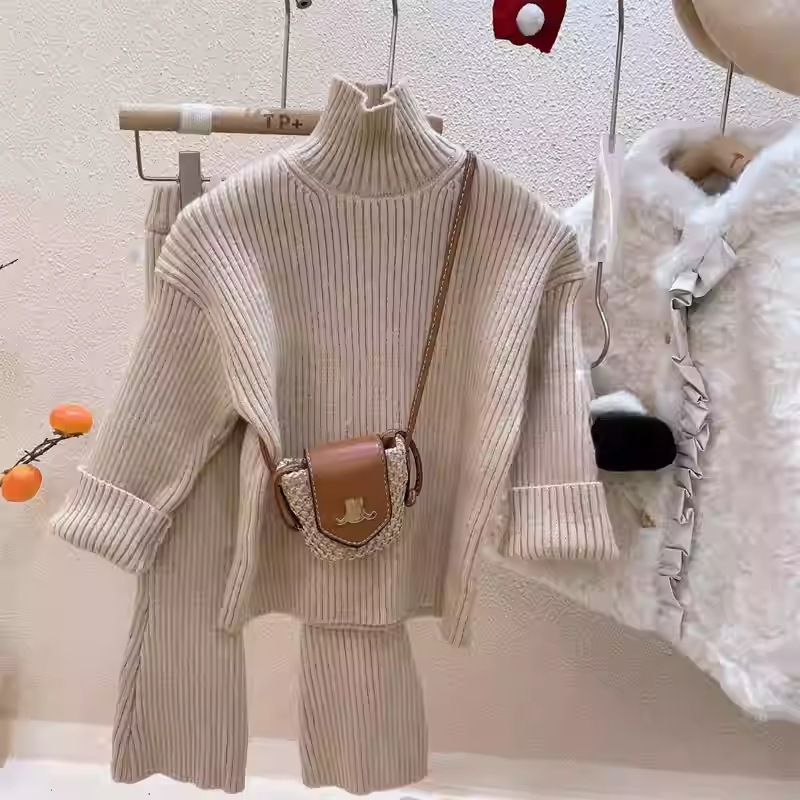 Children's Clothing 2025 Spring & Fall Girls Pure Color Sweater Bottoming Shirt Bell Bottoms Suit Baby Casual Threaded Two-Piece Set Trendy Children's Clothing 2025 Spring & Fall Girls Pure Color Sweater Bottoming Shirt Bell Bottoms Suit Baby Casual Threaded Two-Piece Set Trendy