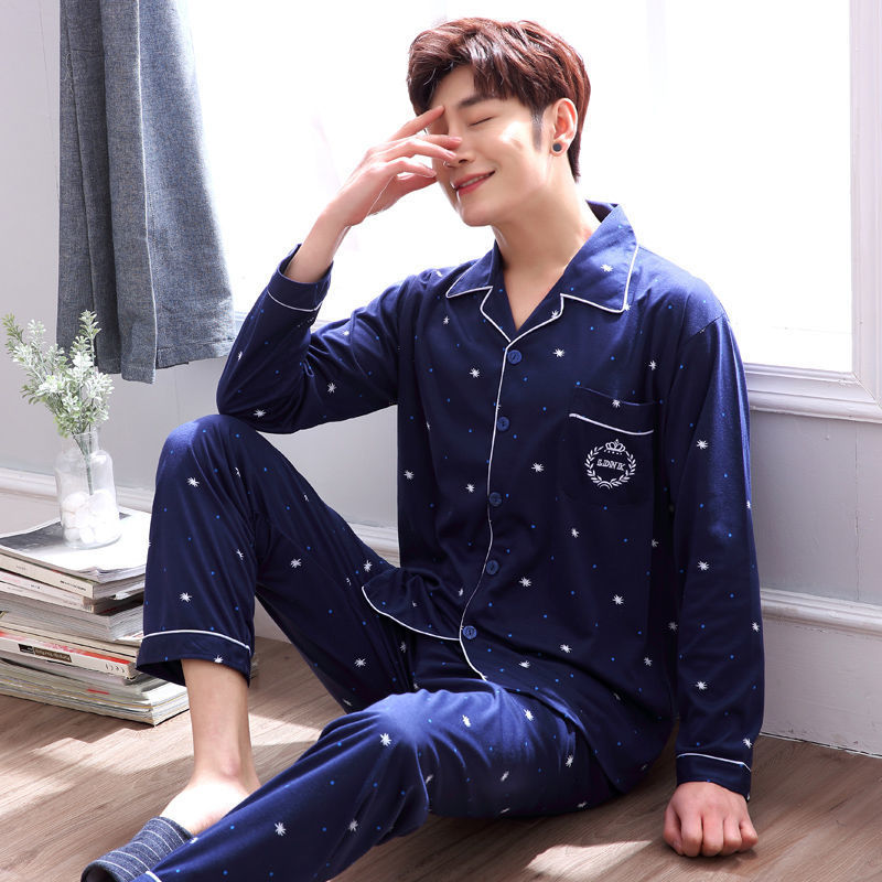 Pijamas de primavera y otoño de algodón de manga larga para hombres pijamas de otoño e invierno para hombres jóvenes de mediana edad delgada día de verano traje de uso doméstico