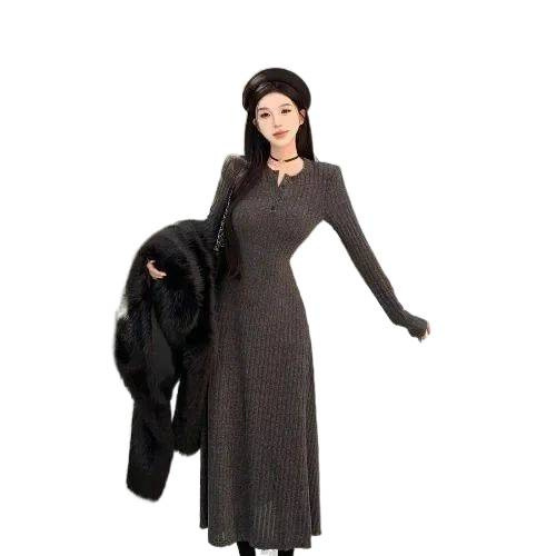 法式长袖针织连衣裙女秋冬季打底内搭裙子修身收腰长裙文艺复古|undefined