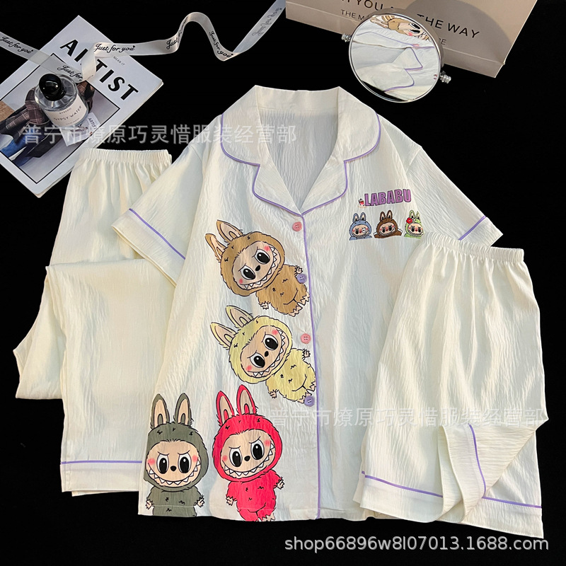 Hermosos pijamas de tela de rabu mujeres primavera y otoño verano nubes de algodón dulce mangas cortas pantalones cortos de tres piezas ropa para el hogar