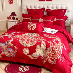 Chinese Dragon and Phoenix Embroider Wedding Four-Piece Set Pure Cotton Bed Sheetss and Quilt Covers Wedding Room Big Red Wedding Bedding