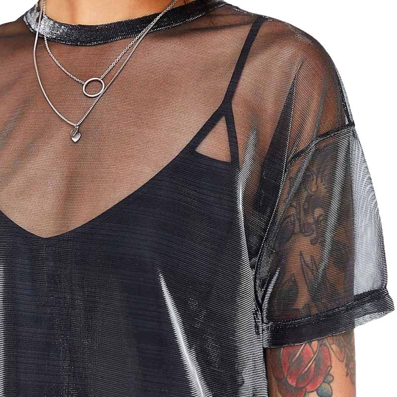 Primavera 2023 Nueva estación europea AliExpress Comercio exterior Venta caliente malla transparente cuello redondo manga corta Camiseta para las mujeres