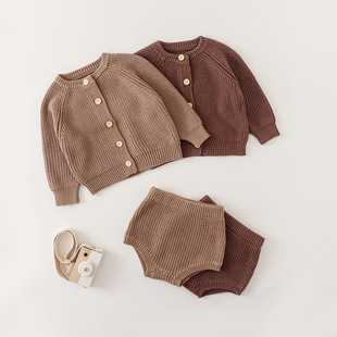 ins Autumn Dress Infant Children's Boys and Girls Baby Cotton Yarn Pit Pure Color Bread Pants + Cardigan Jacket Two-piece Suit