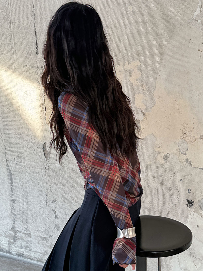 Plaid Mesh T shirt Women Spring Sexy Pleated Waist Tight Slimming Bottoming Top