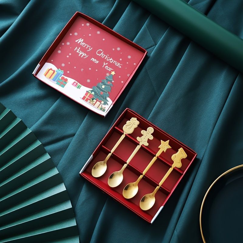 Inswind cuchara de acero inoxidable agitación de cabeza redonda creativa de Navidad café caja de regalo de Navidad set de postre cubierta sin