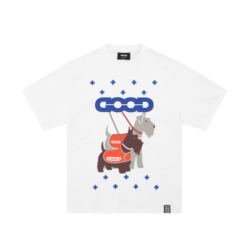 GOODBRAND シュナウザー クロス畳 おしゃれ 高級プリント 半袖 カップル Tシャツ オールドホワイト 同スタイル|undefined