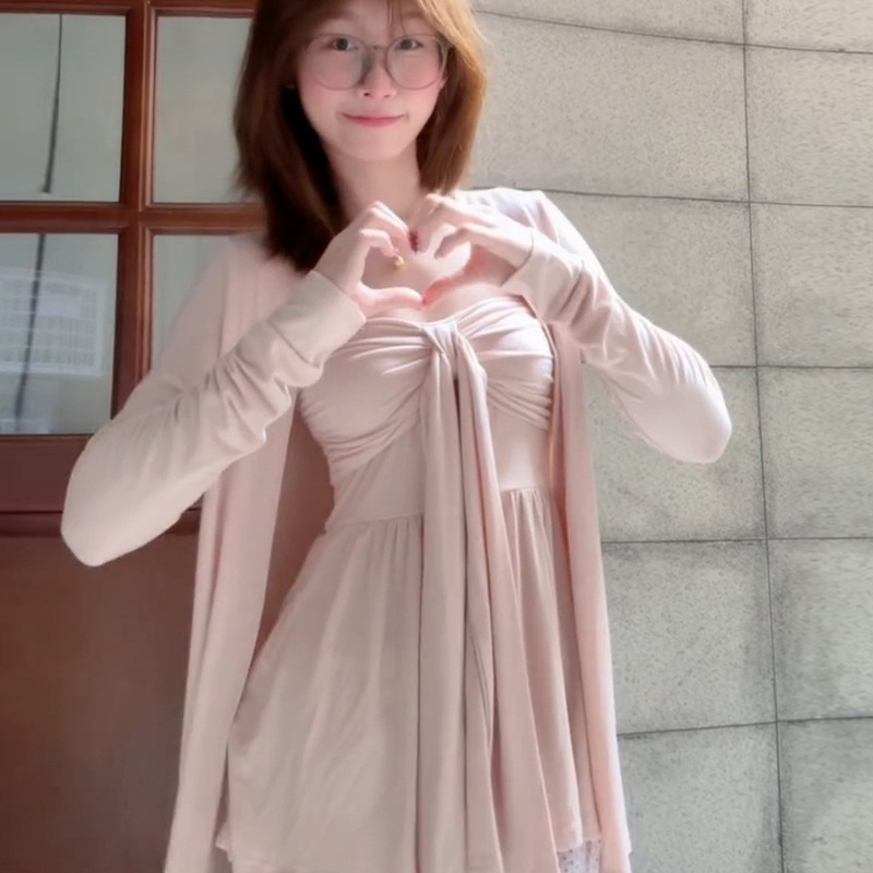 慵懒宽松粉色长袖防晒开衫女夏季套装纯欲飘带抹胸背心上衣两件套|undefined