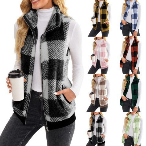 European and American cross-border 2026 new women's vest, Amazon autumn and winter comfortable fleece plaid stand-up collar zip-up sleeveless jacket
