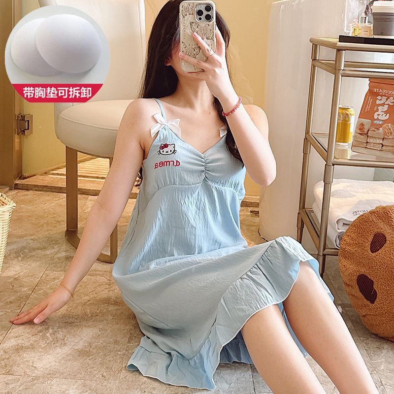 Camisón al por mayor transfronterizo para mujer, verano, nube, algodón, color sólido, bordado, tirantes, almohadilla para el pecho, dibujos animados sueltos, pijama exterior