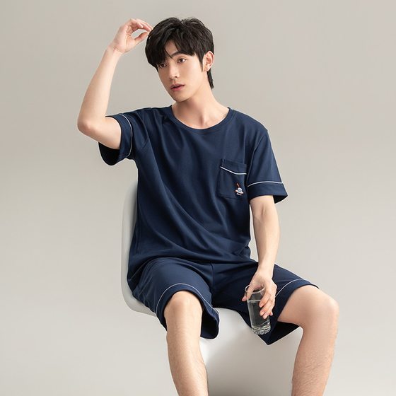 Class a Pure Cotton Antibacterial Pajamas for Men Summer New Short-Sleeved Shorts Pullover Can Be Worn Outside Men's Cotton Home Clothes