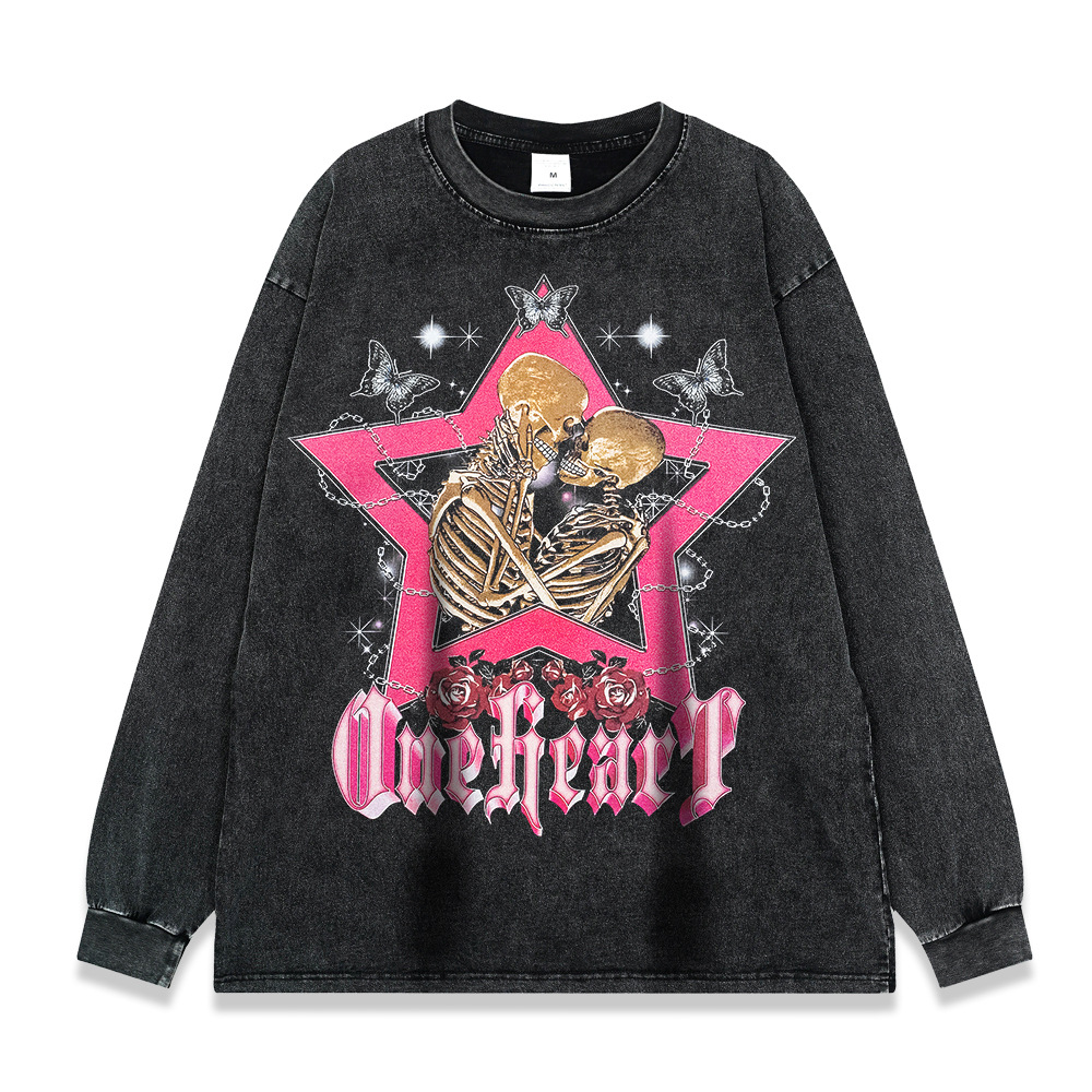 260g pesado copo de nieve frito de manga larga Camiseta americana retro alta calle moda marca suéter suelta Otoño e Invierno de los hombres y las mujeres de fondo