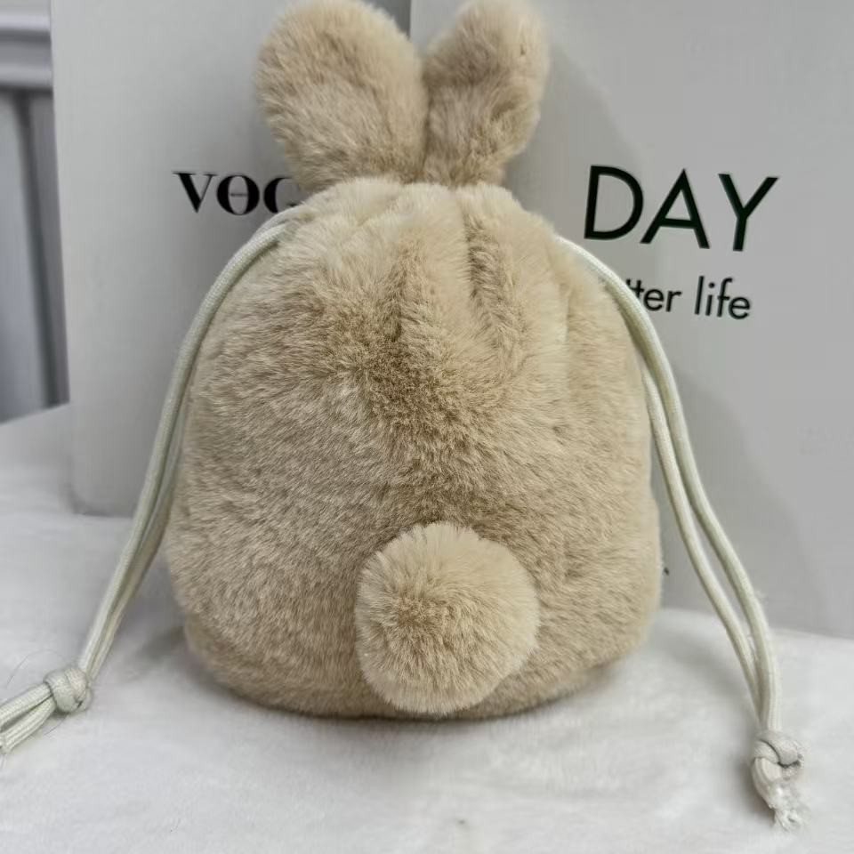 New Cartoon Cute Plush Drawstring Makeup Bag, Bear and Rabbit Ear Drawstring Storage Bag