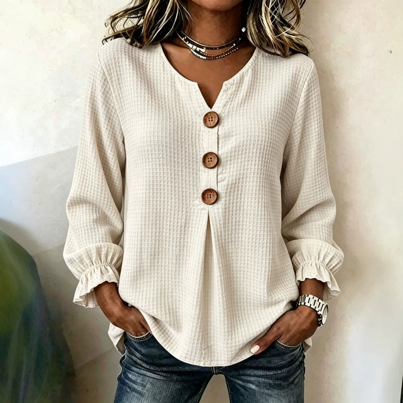 2026 Autumn New European and American Cross-Border Amazon Waffle Long Sleeve Top for Women with Ruffle Sleeves, Loose Fit, Slimming Effect