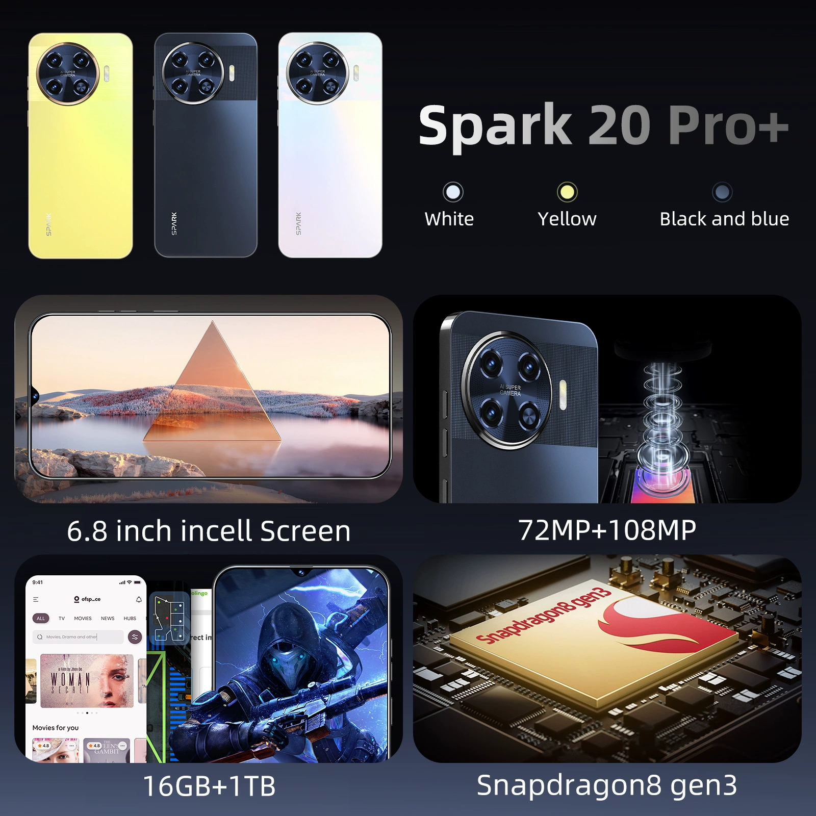 Cross -border мобильный телефон Spark 20 Pro+ 6.8-дюймов Incell большой экран 2+16GB полностью один иностранная торговля от имени Android