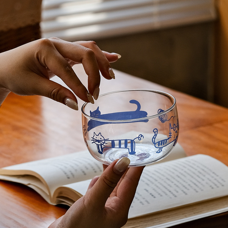 Transparent high-boron-silicate high-temperature resistant cute line drawing cat glass bowl, niche hand-painted abstract cartoon dessert yogurt bowl