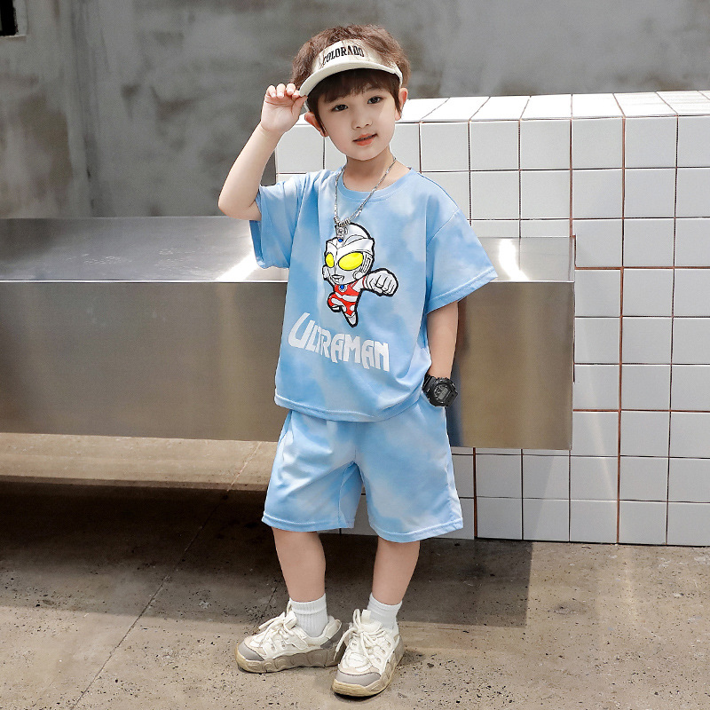 Summer unisex set, soft, comfortable, colorfast, anti-pilling, tie-dyed Ultraman two-piece summer cartoon set