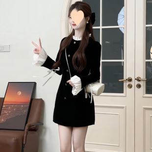 2025 Autumn New Pure Desire Style Sweet Short Skirt Velvet Slimming Contrast Color Splicing Sweet Little Fragrance Dress for Women