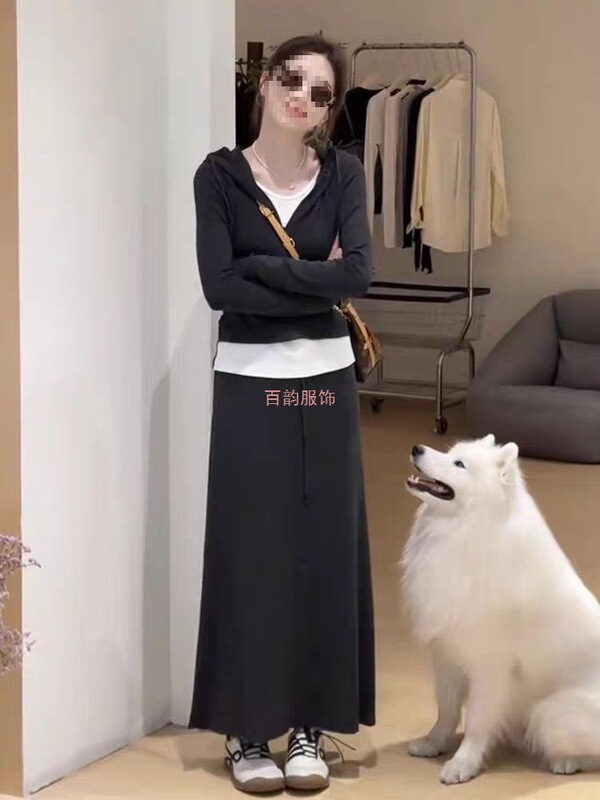 韩系感假两件连帽长袖T恤+半身裙两件套2025早秋新款套装女潮|undefined
