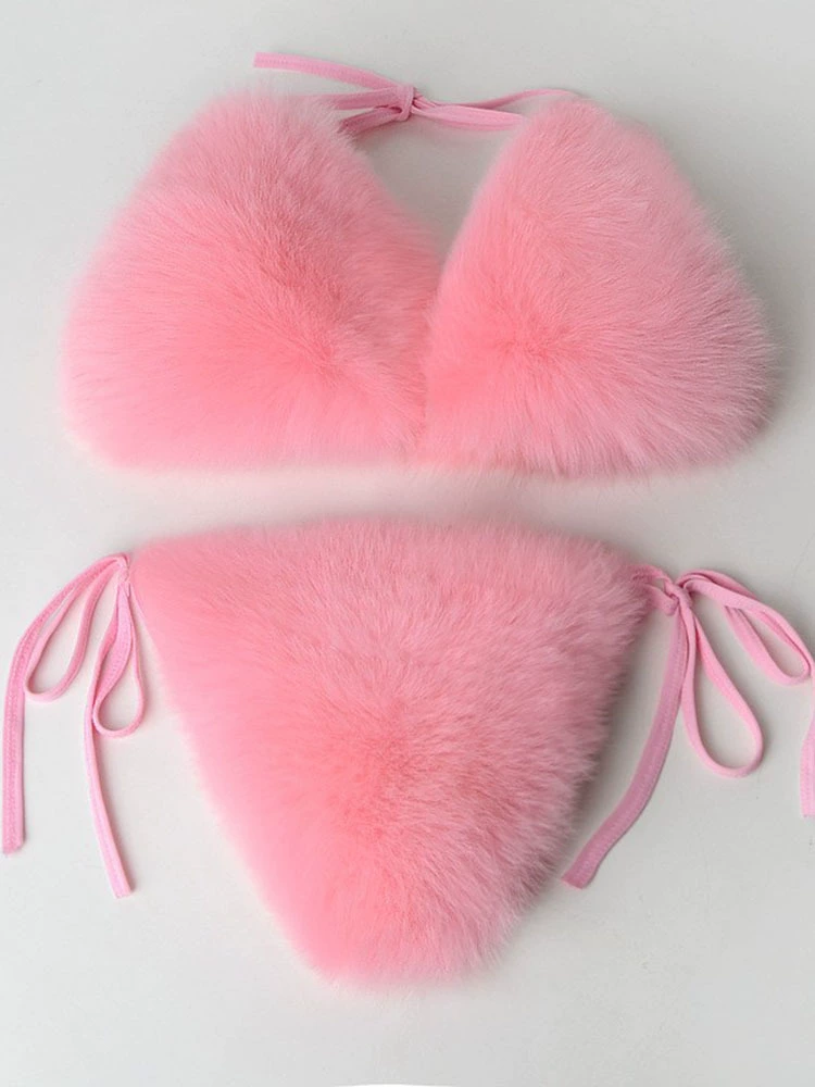 Плюшевый бюстгальтер с оборкой из настоящего или искусственного меха, съемные помпоны, регулируется в одном размере