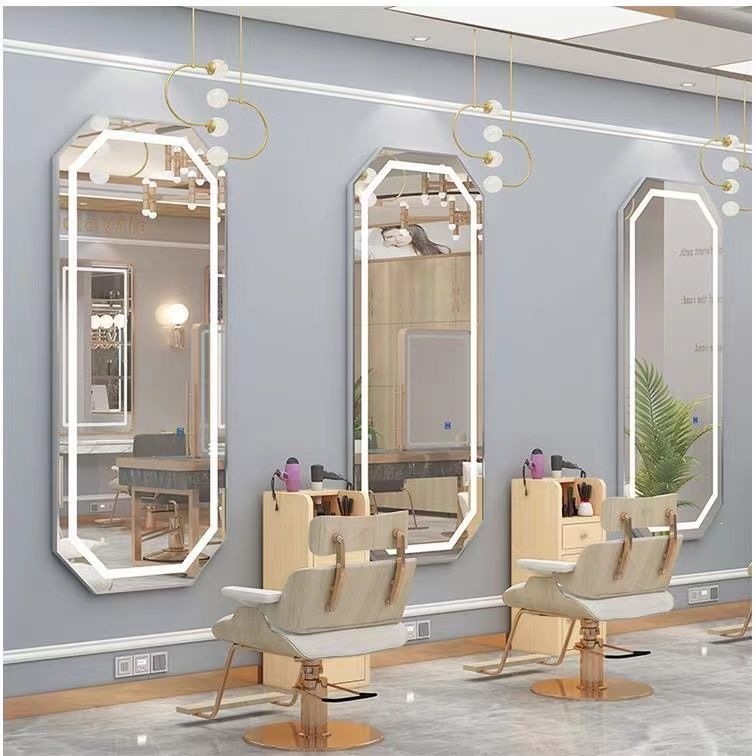 Espejo de peluquería simple, espejo especial de peluquería, espejo rojo con lámpara, espejo de pared, espejo de peluquería, espejo de peluquería