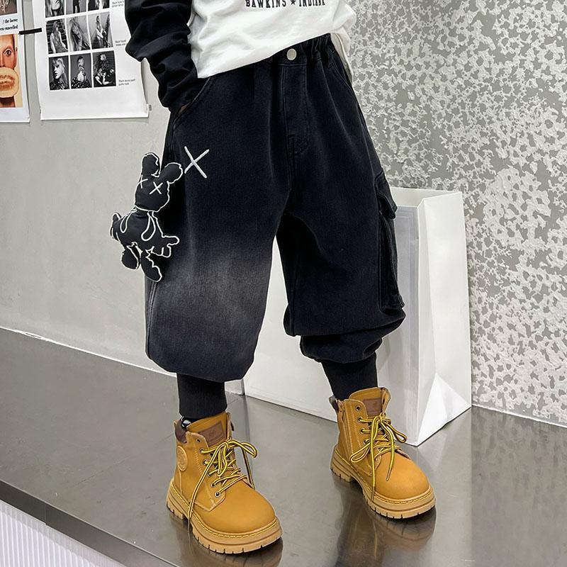 男童裤子春秋款牛仔裤灯笼裤2025新款春装加绒哈伦裤儿童工装裤潮