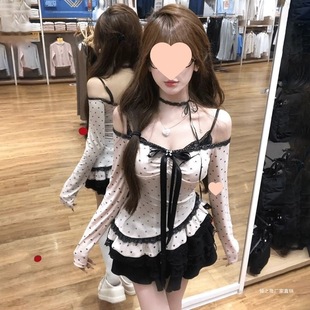 法式氣質波點蕾絲邊吊帶上衣女早秋甜辣妹蓬蓬裙套裝拼接印染長袖