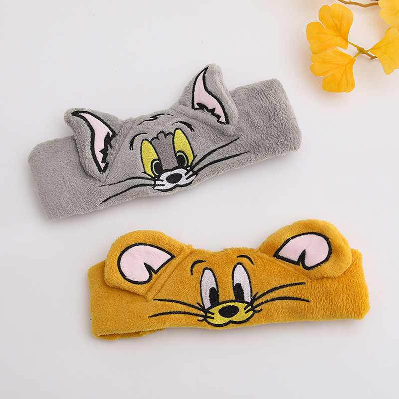 Círculos de dibujos animados banda de pelo para lavar la cara gato y ratón tocado de ojos grandes velcro banda de pelo adorable estudiante tarjeta de pelo al por mayor