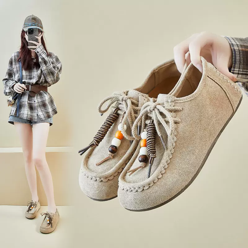 平底袋鼠鞋2025秋季款新款全包勃肯鞋女乐福鞋单鞋复古休闲鞋F132