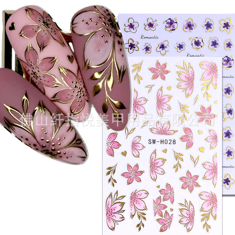 Cross-border explosions nail art stickers wholesale ins bronzing pink semi-transparent petals purple flowers spring nail decals